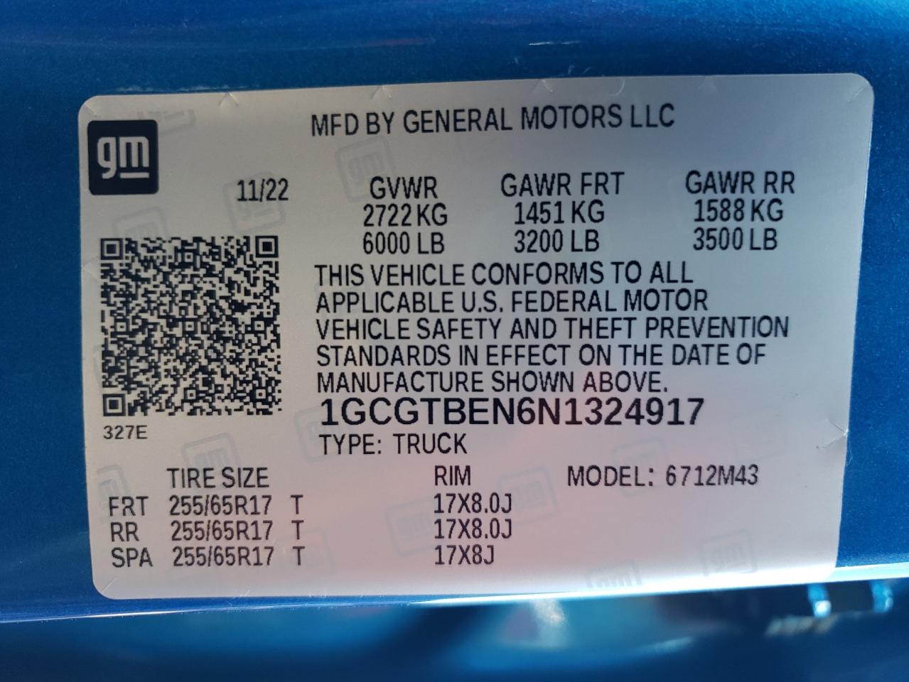 2022 CHEVROLET COLORADO VIN:1GCGTBEN6N1324917