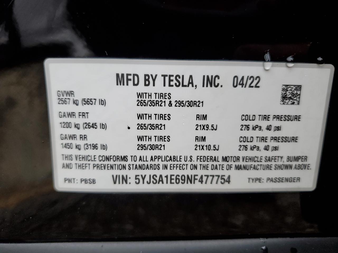 2022 TESLA MODEL S VIN:5YJSA1E69NF477754