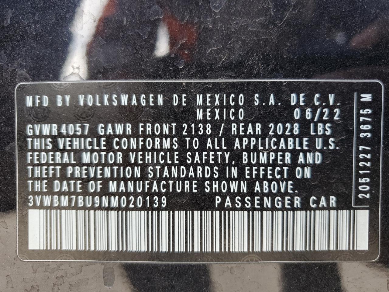 2022 VOLKSWAGEN JETTA SPORT VIN:3VWBM7BU9NM020139
