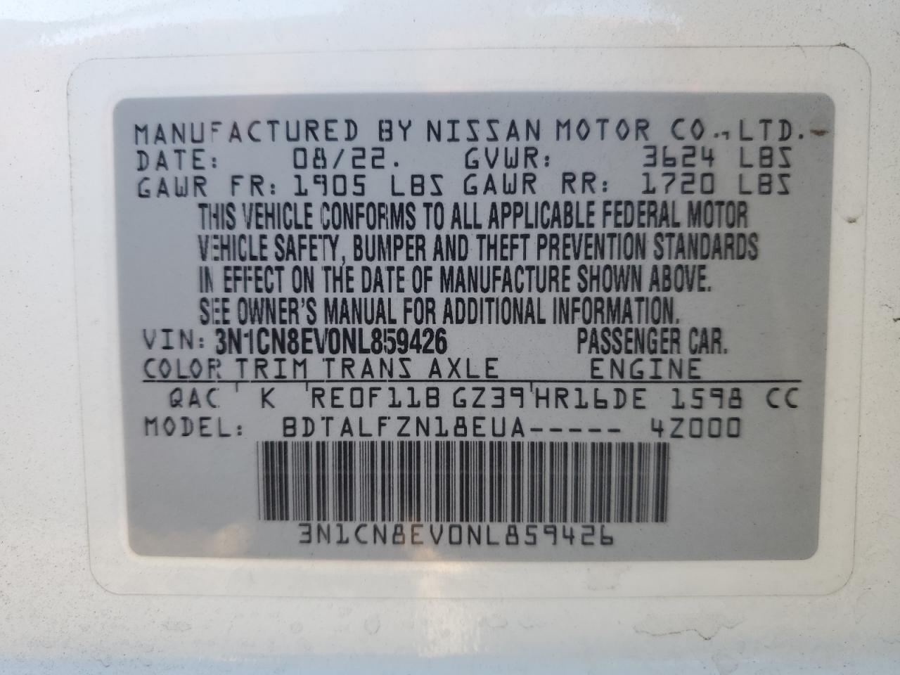 2022 NISSAN VERSA SV VIN:3N1CN8EV0NL859426