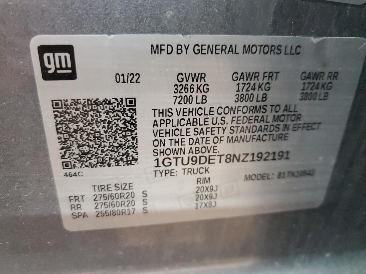 2022 GMC SIERRA LIMITED K1500 SLT VIN:1GTU9DET8NZ192191