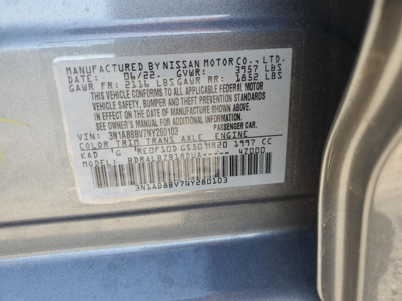 2022 NISSAN SENTRA S VIN:3N1AB8BV7NY280103