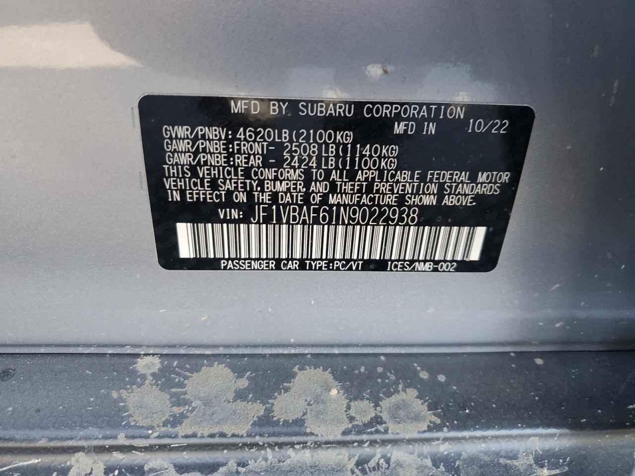 2022 SUBARU WRX PREMIUM VIN:JF1VBAF61N9022938