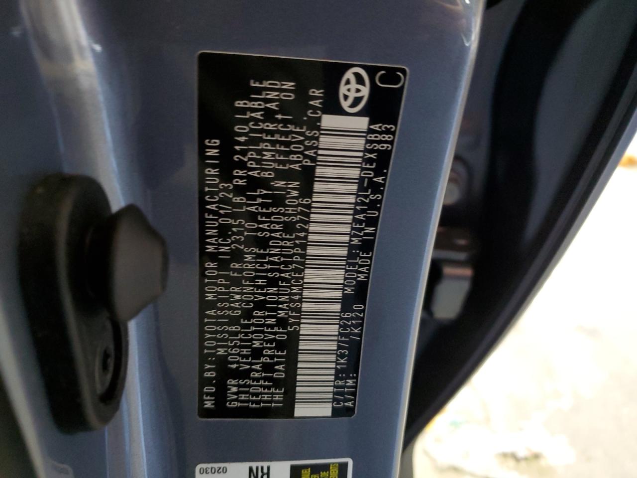 2023 TOYOTA COROLLA SE VIN:5YFS4MCE7PP142776