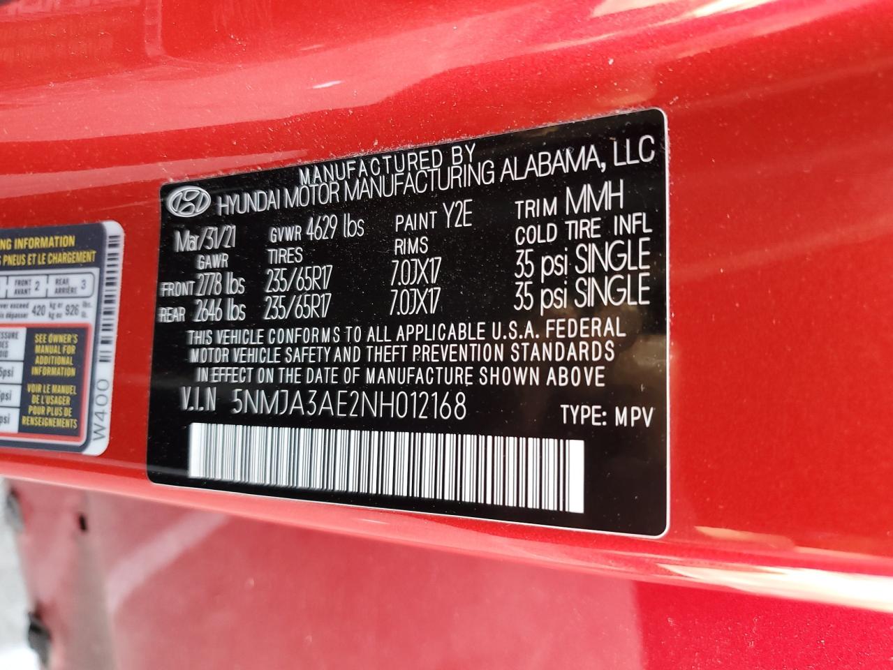 2022 HYUNDAI TUCSON SE VIN:5NMJA3AE2NH012168