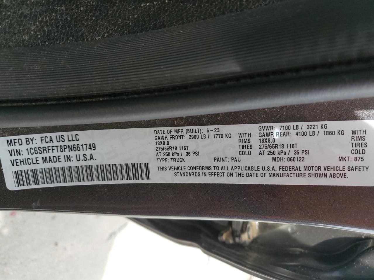 2023 RAM 1500 BIG HORN/LONE STAR VIN:1C6SRFFT8PN661749