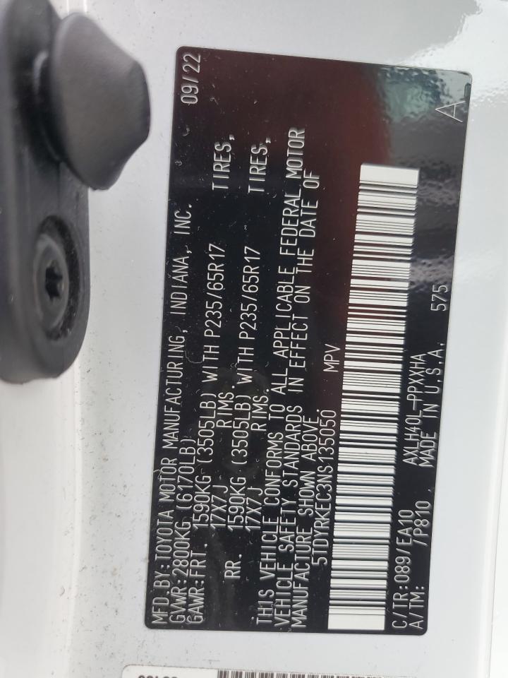 2022 TOYOTA SIENNA XLE VIN:5TDYRKEC3NS135050