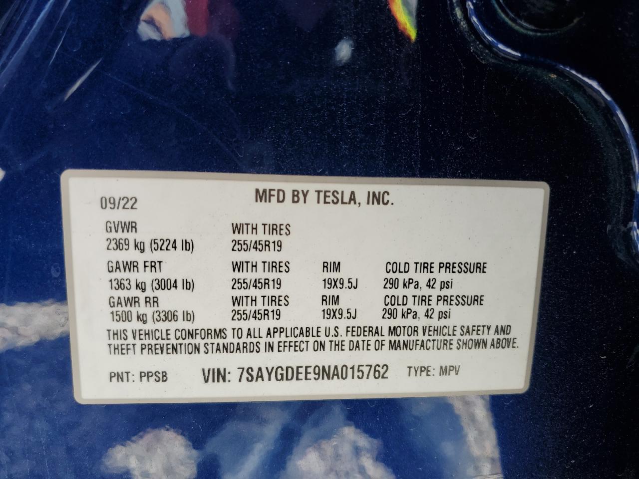 2022 TESLA MODEL Y VIN:7SAYGDEE9NA015762
