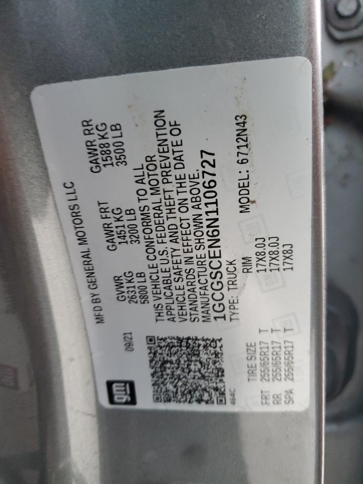 2022 CHEVROLET COLORADO LT VIN:1GCGSCEN6N1106727