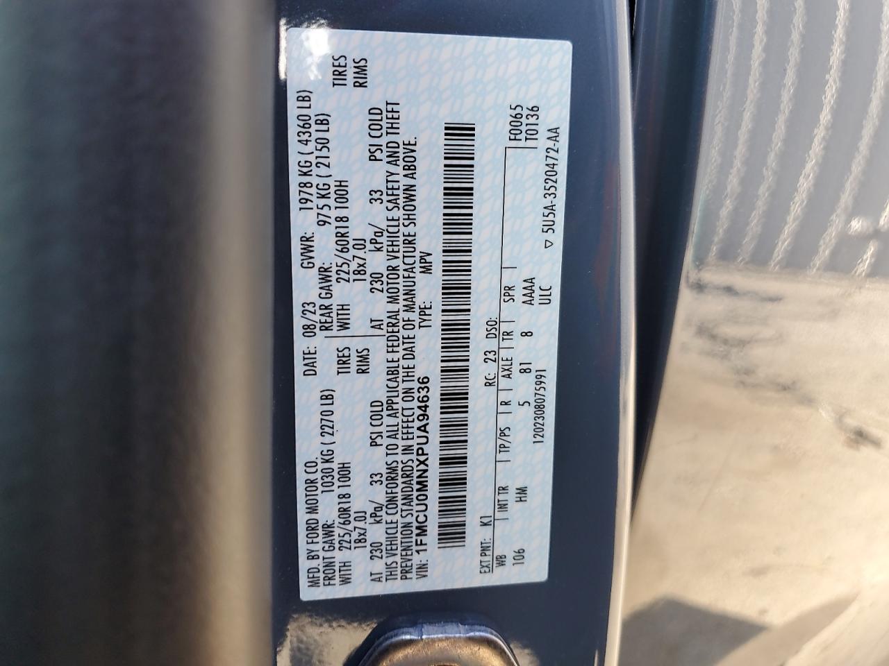 2023 FORD ESCAPE ST LINE VIN:1FMCU0MNXPUA94636