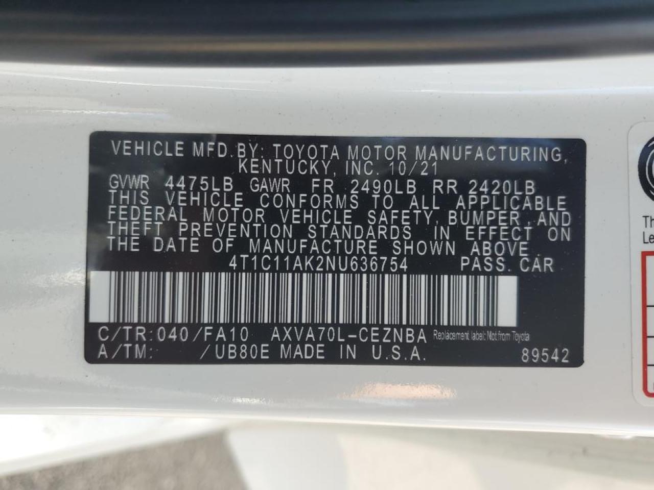 2022 TOYOTA CAMRY LE VIN:4T1C11AK2NU636754