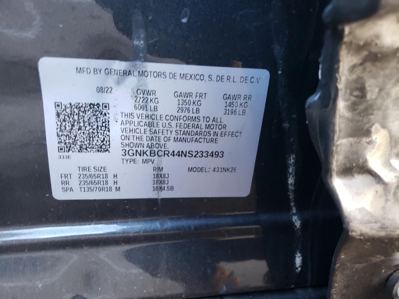 2022 CHEVROLET BLAZER 2LT VIN:3GNKBCR44NS233493