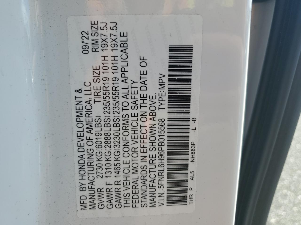 2023 HONDA ODYSSEY ELITE VIN:5FNRL6H96PB015568