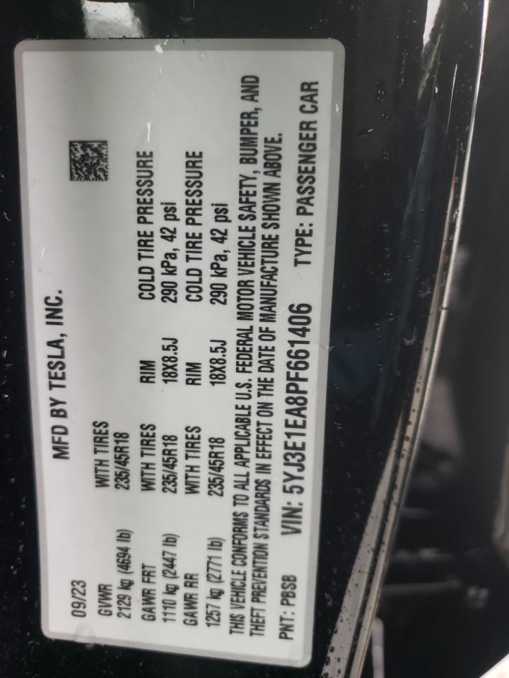 2023 TESLA MODEL 3 VIN:5YJ3E1EA8PF661406