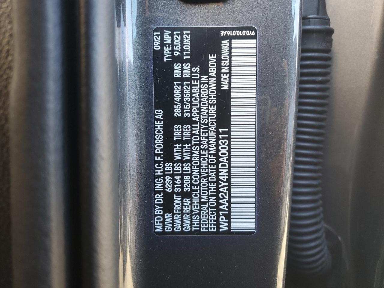 2022 PORSCHE CAYENNE VIN:WP1AA2AY4NDA00311