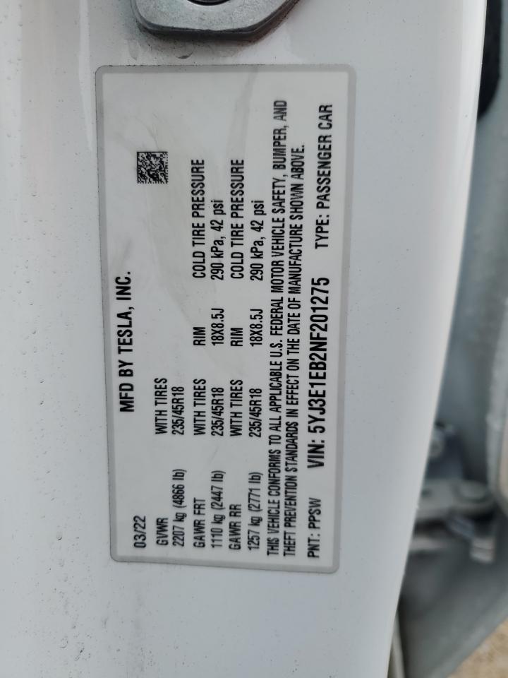 2022 TESLA MODEL 3 VIN:5YJ3E1EB2NF201275