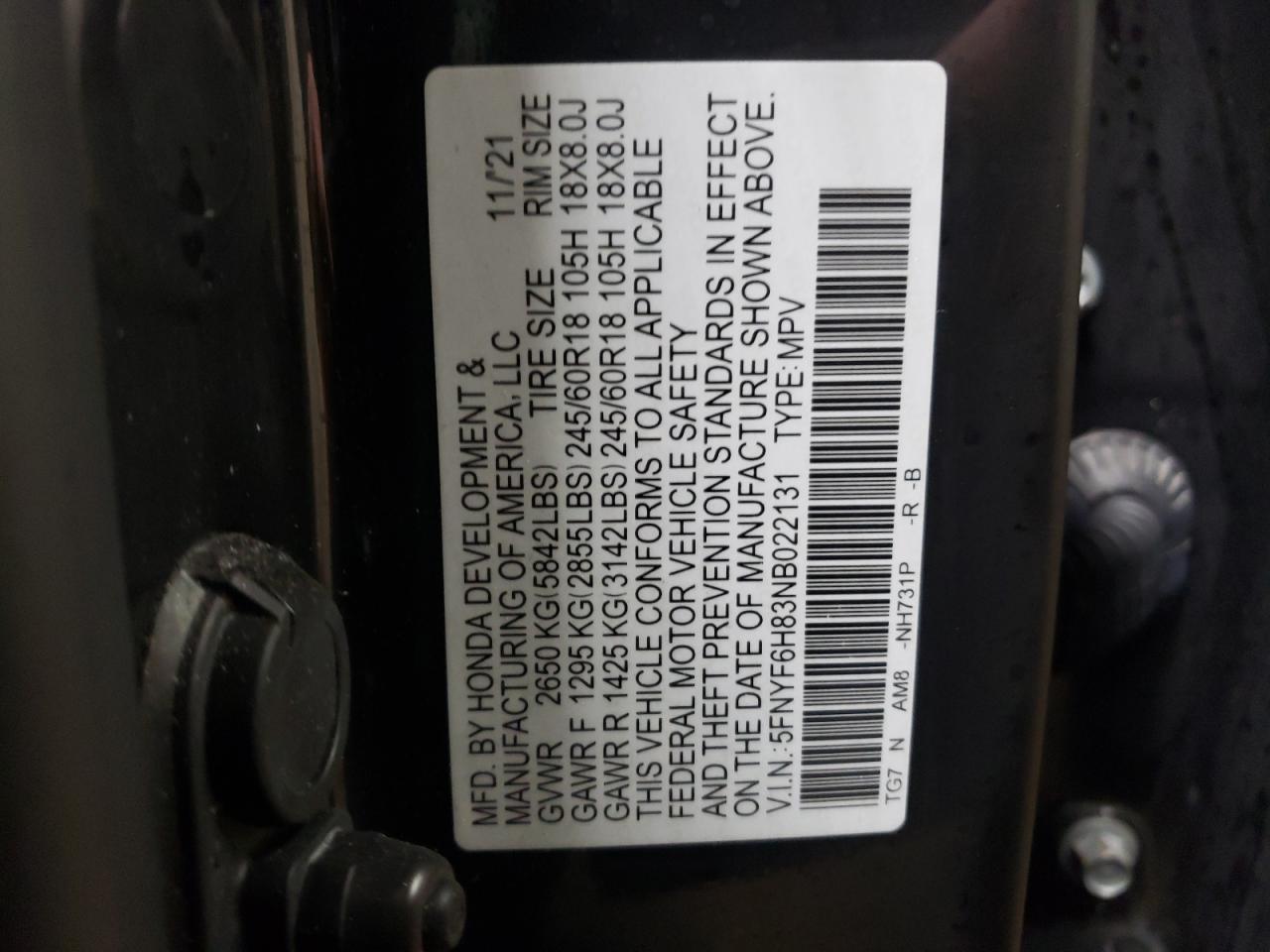 2022 HONDA PILOT TRAILSPORT VIN:5FNYF6H83NB022131