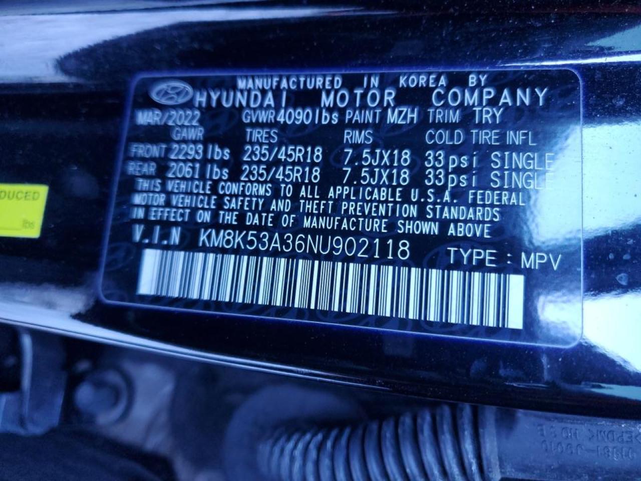 2022 HYUNDAI KONA LIMITED VIN:KM8K53A36NU902118