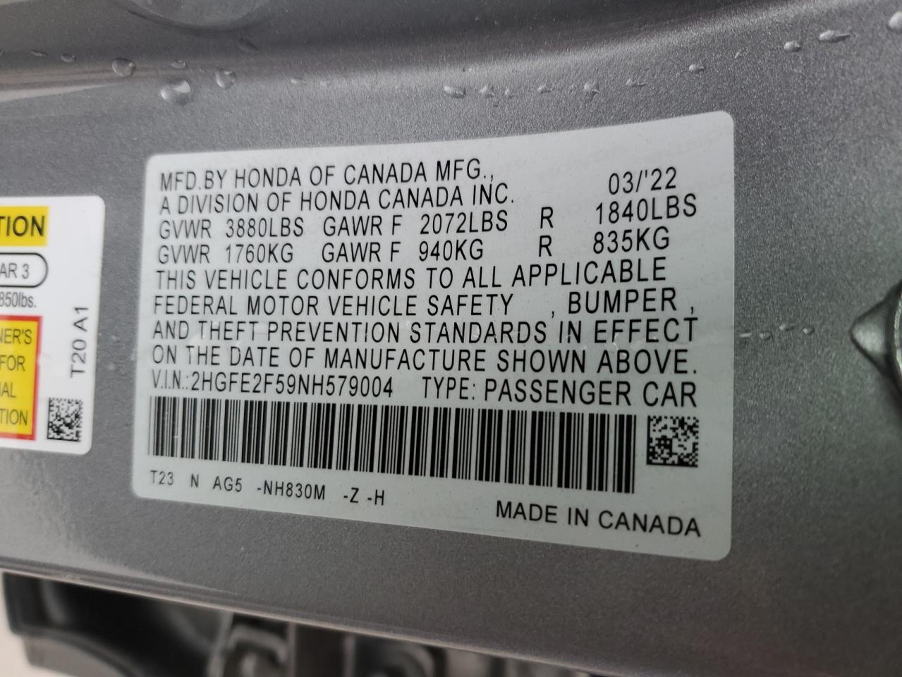 2022 HONDA CIVIC SPORT VIN:2HGFE2F59NH579004
