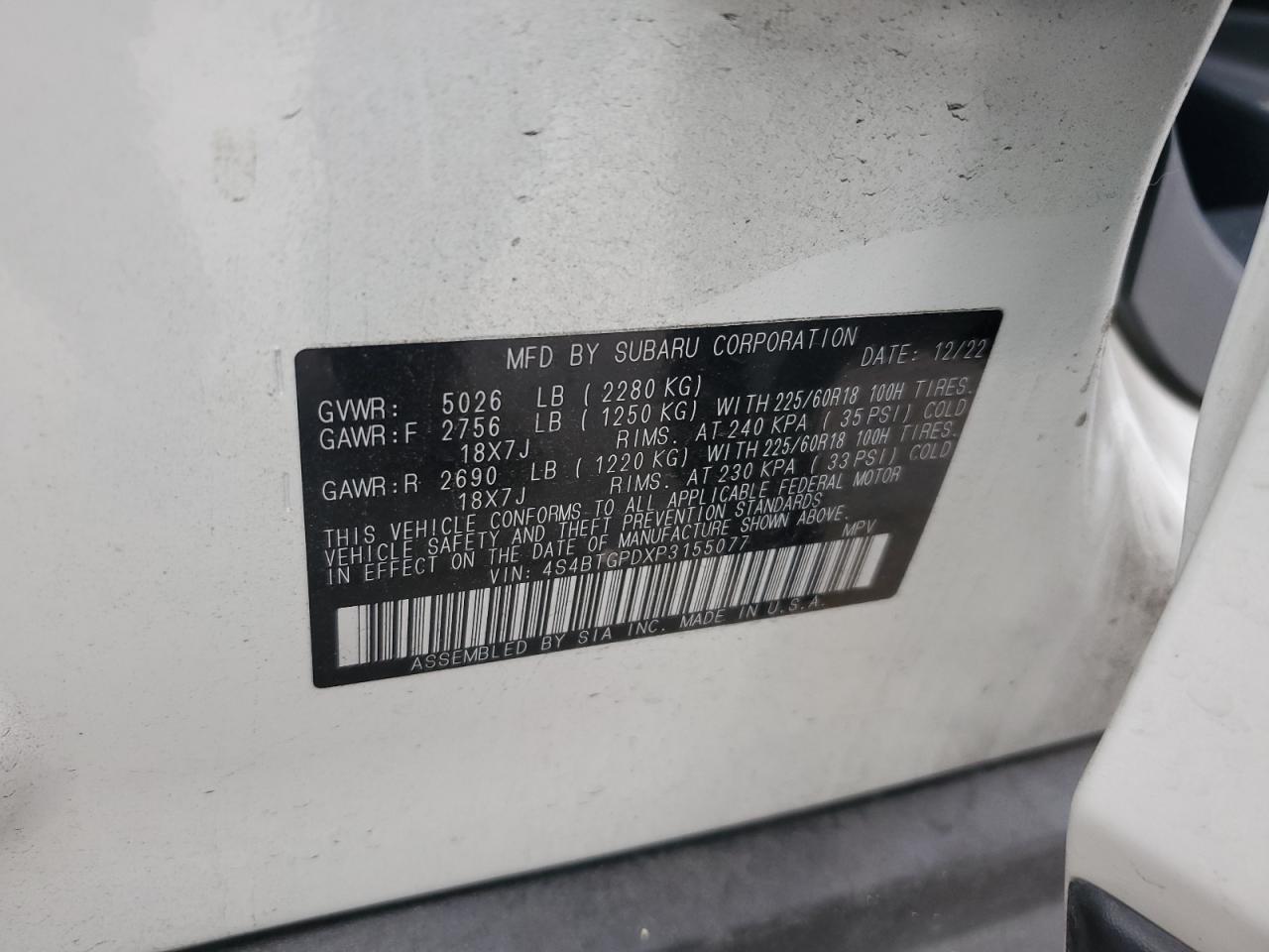 2023 SUBARU OUTBACK TOURING VIN:4S4BTGPDXP3155077