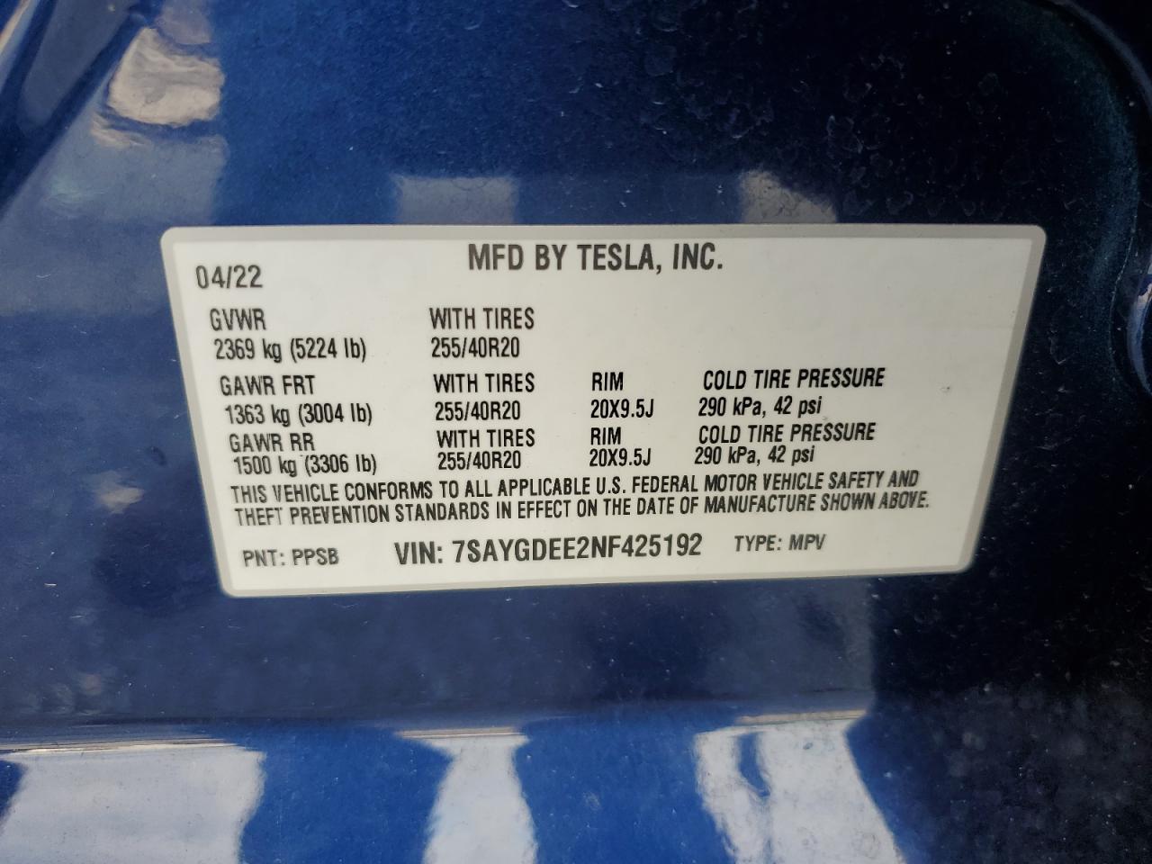 2022 TESLA MODEL Y VIN:7SAYGDEE2NF425192