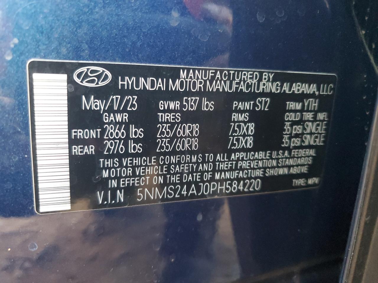 2023 HYUNDAI SANTA FE SEL VIN:5NMS24AJ0PH584220