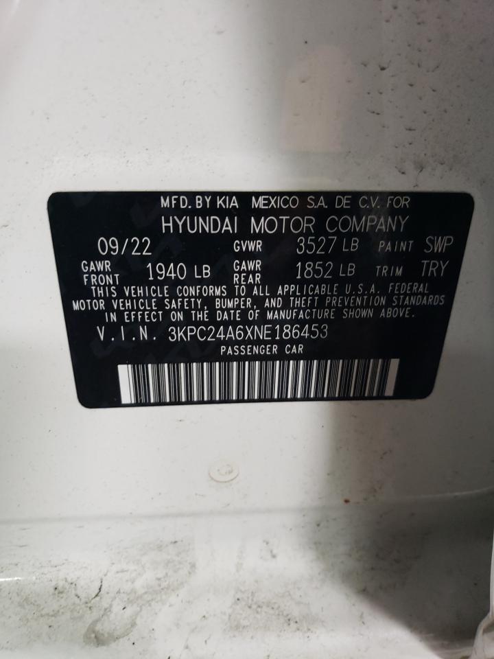 2022 HYUNDAI ACCENT SE VIN:3KPC24A6XNE186453