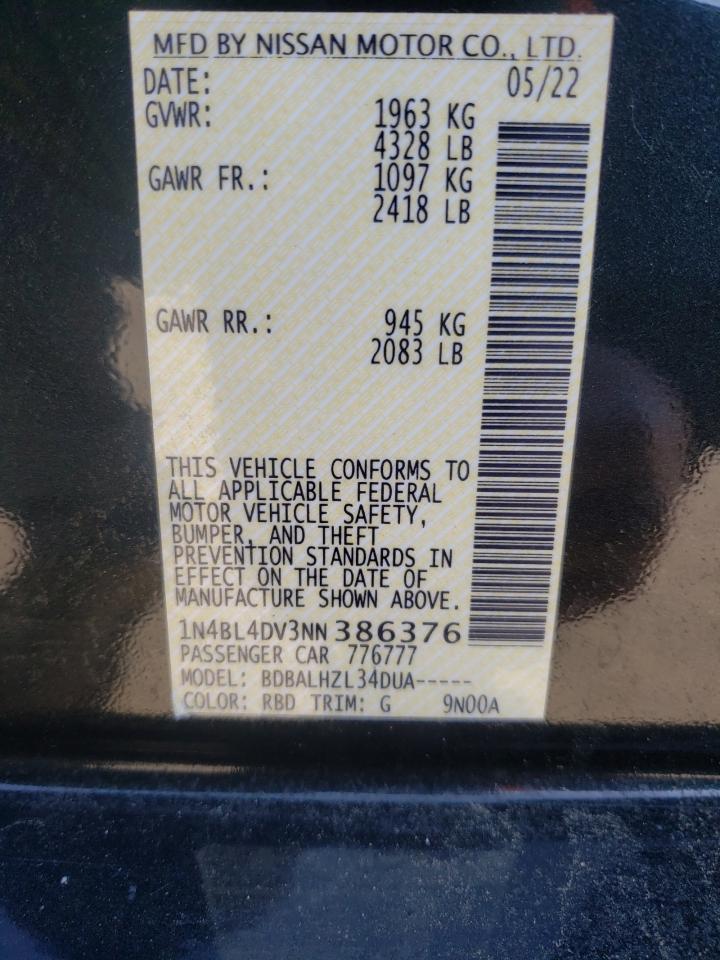 2022 NISSAN ALTIMA SV VIN:1N4BL4DV3NN386376
