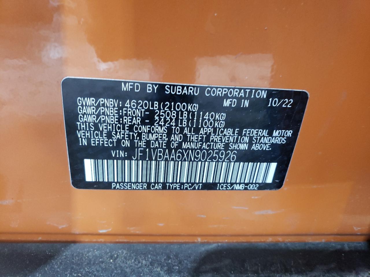 2022 SUBARU WRX VIN:JF1VBAA6XN9025926