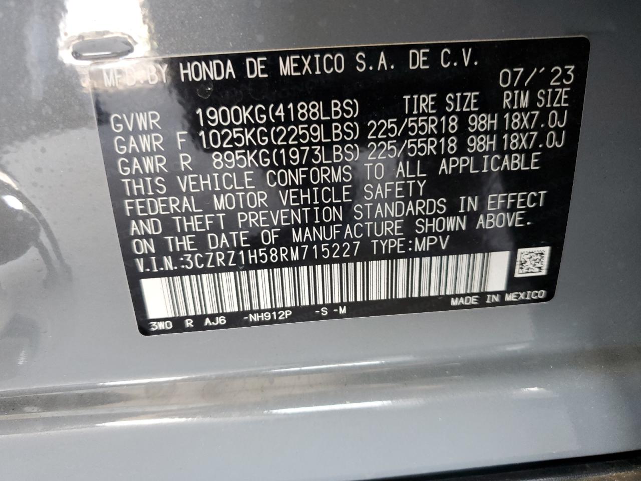 2024 HONDA HR-V SPORT VIN:3CZRZ1H58RM715227