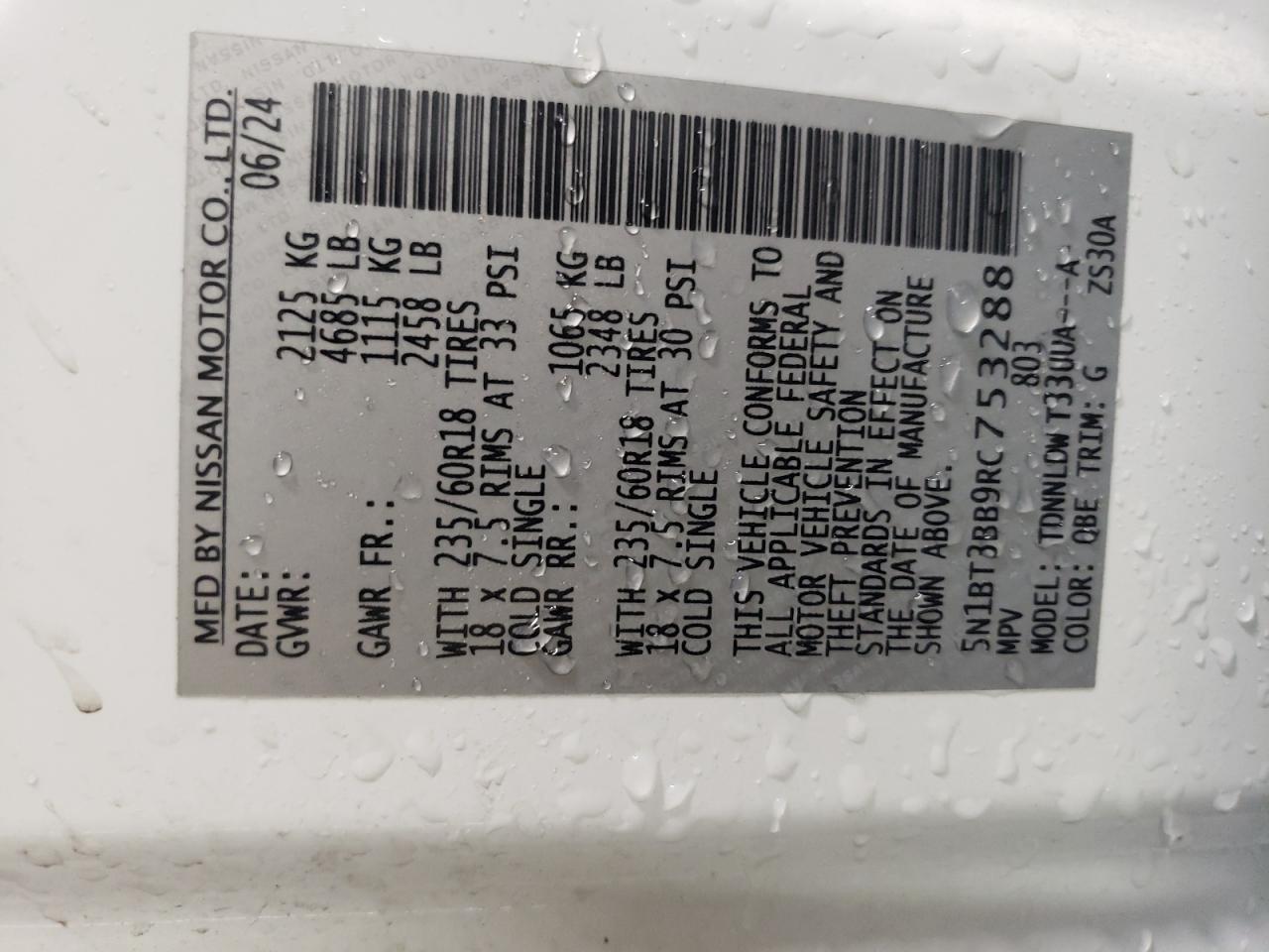 2024 NISSAN ROGUE SV VIN:5N1BT3BB9RC753288