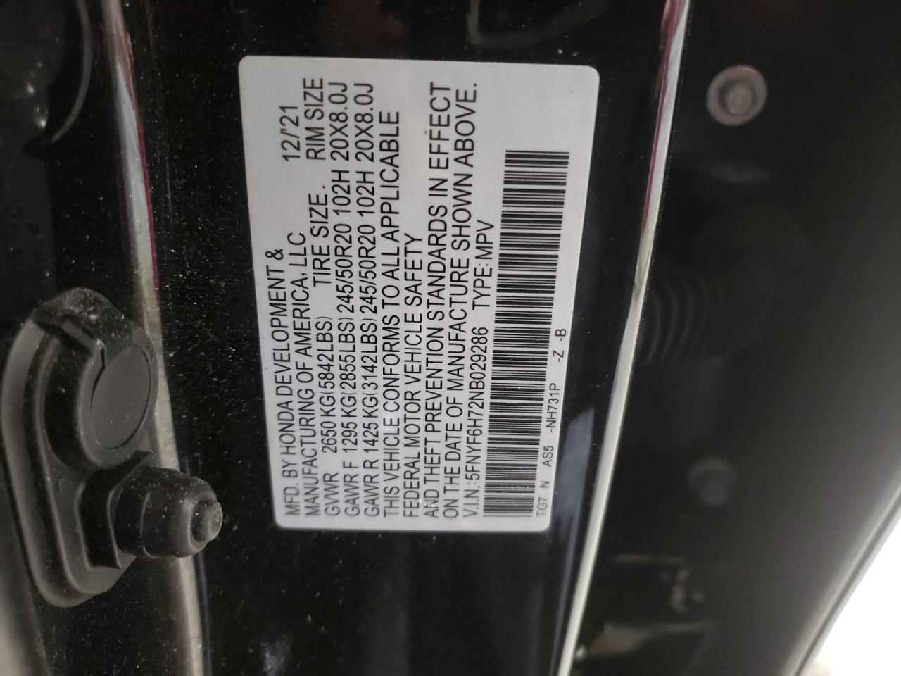 2022 HONDA PILOT BLACK VIN:5FNYF6H72NB029286