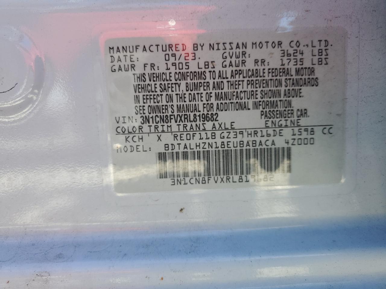 2024 NISSAN VERSA SR VIN:3N1CN8FVXRL819682