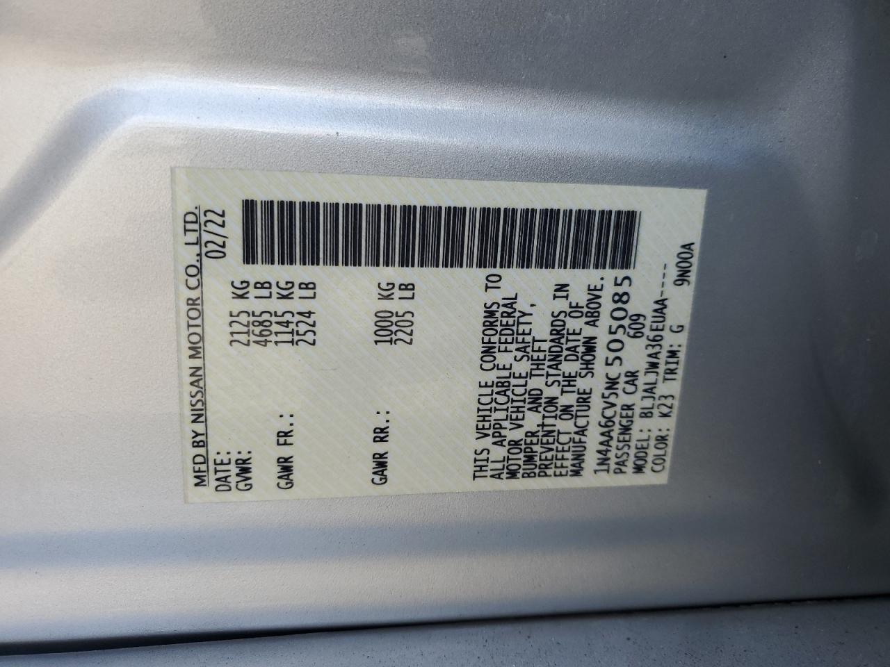 2022 NISSAN MAXIMA SV VIN:1N4AA6CV5NC505085