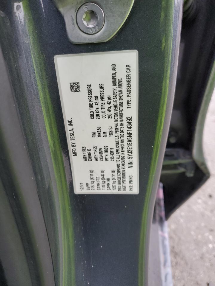 2022 TESLA MODEL 3 VIN:5YJ3E1EA5NF143492