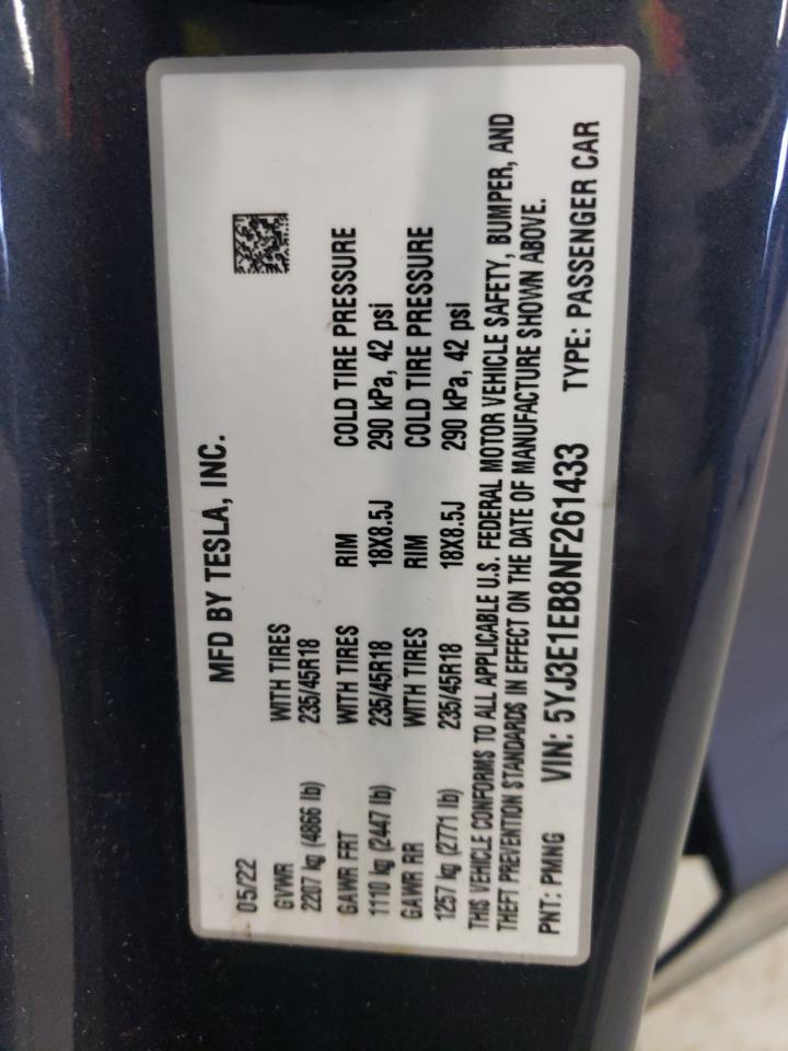 2022 TESLA MODEL 3 VIN:5YJ3E1EB8NF261433