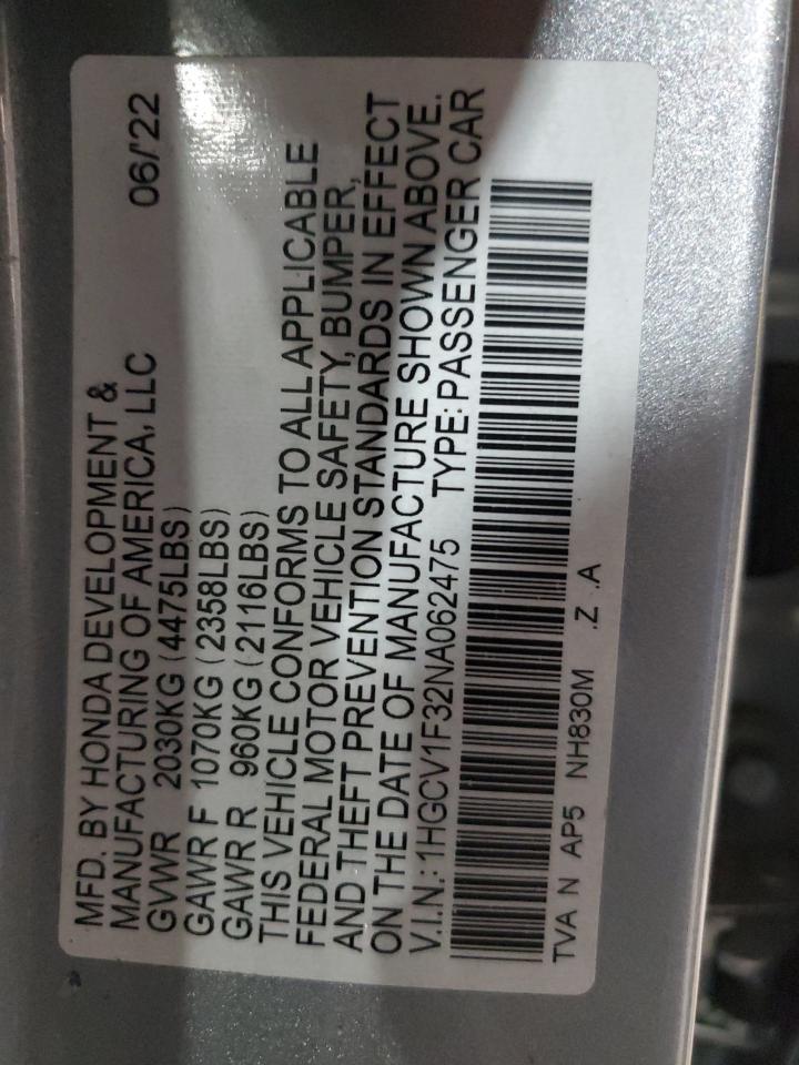 2022 HONDA ACCORD SPORT VIN:1HGCV1F32NA062475