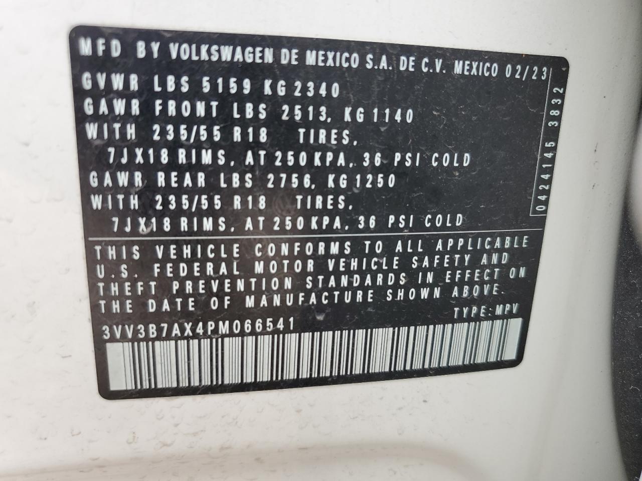2023 VOLKSWAGEN TIGUAN SE VIN:3VV3B7AX4PM066541