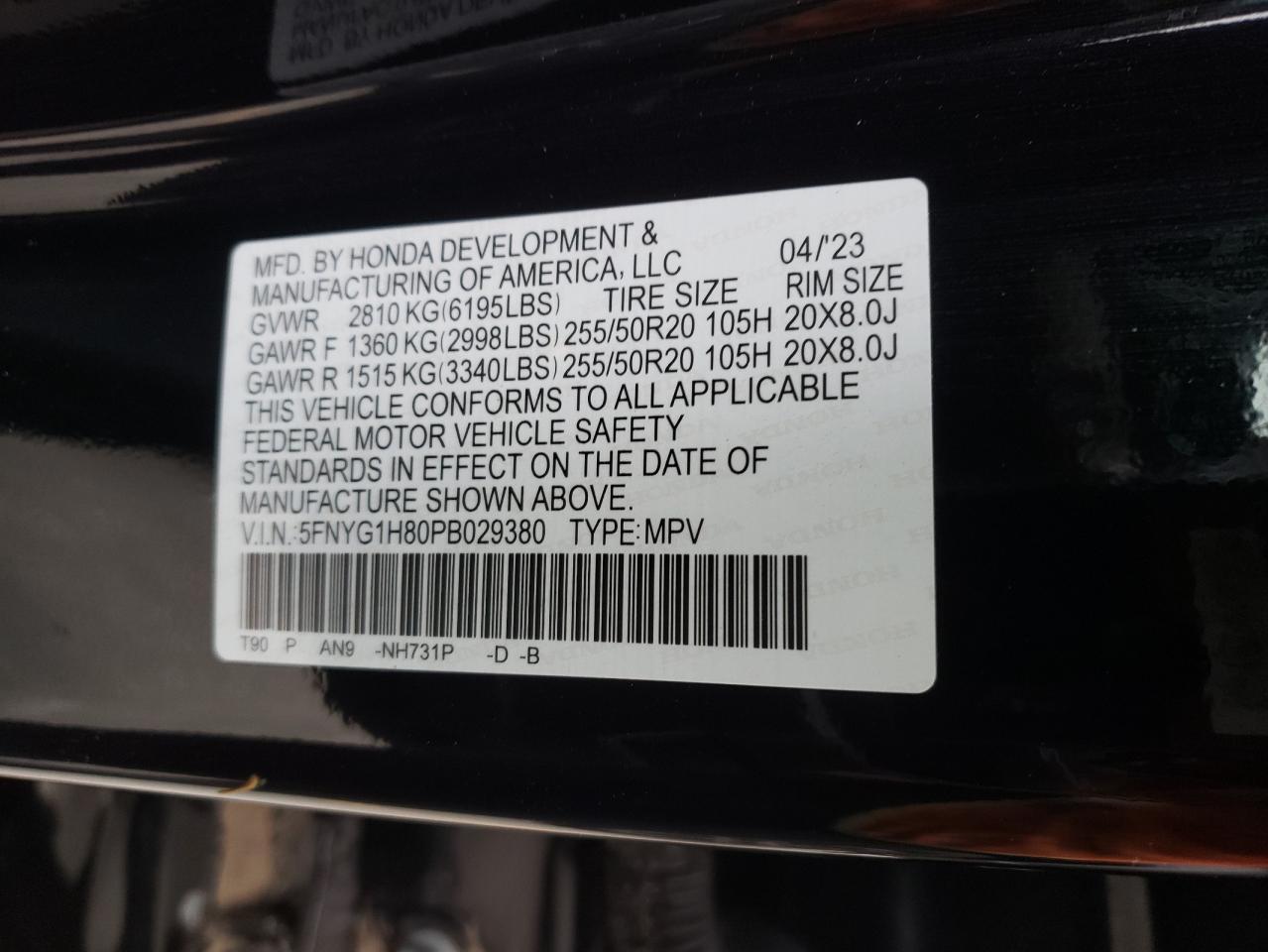 2023 HONDA PILOT ELITE VIN:5FNYG1H80PB029380