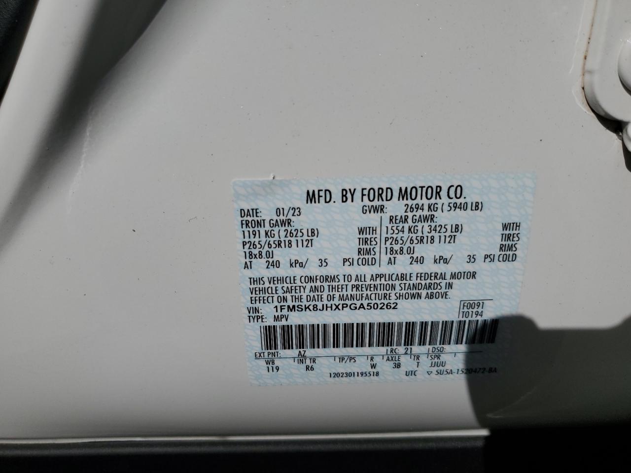 2023 FORD EXPLORER TIMBERLINE VIN:1FMSK8JHXPGA50262