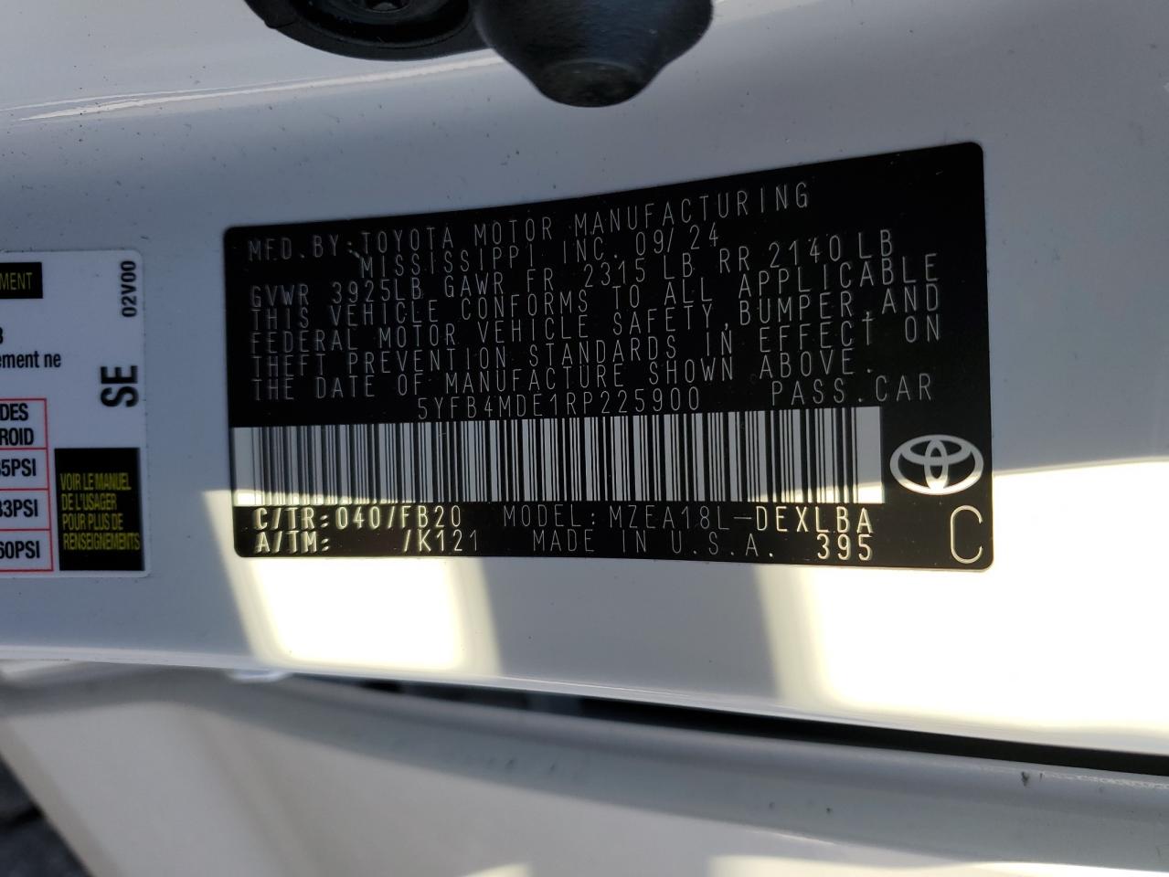 2024 TOYOTA COROLLA LE VIN:5YFB4MDE1RP225900