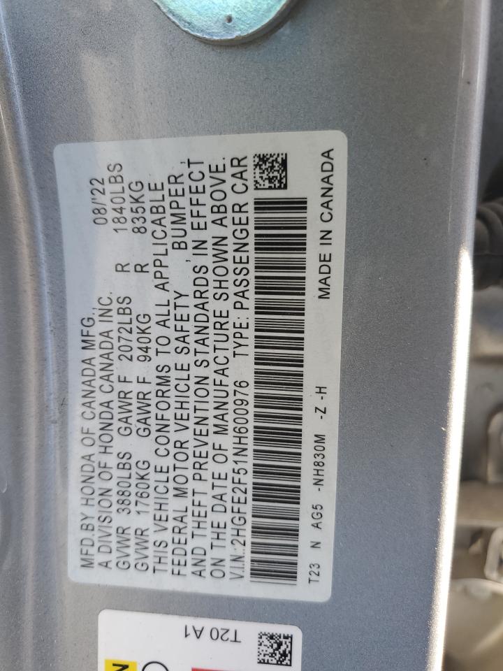 2022 HONDA CIVIC SPORT VIN:2HGFE2F51NH600976