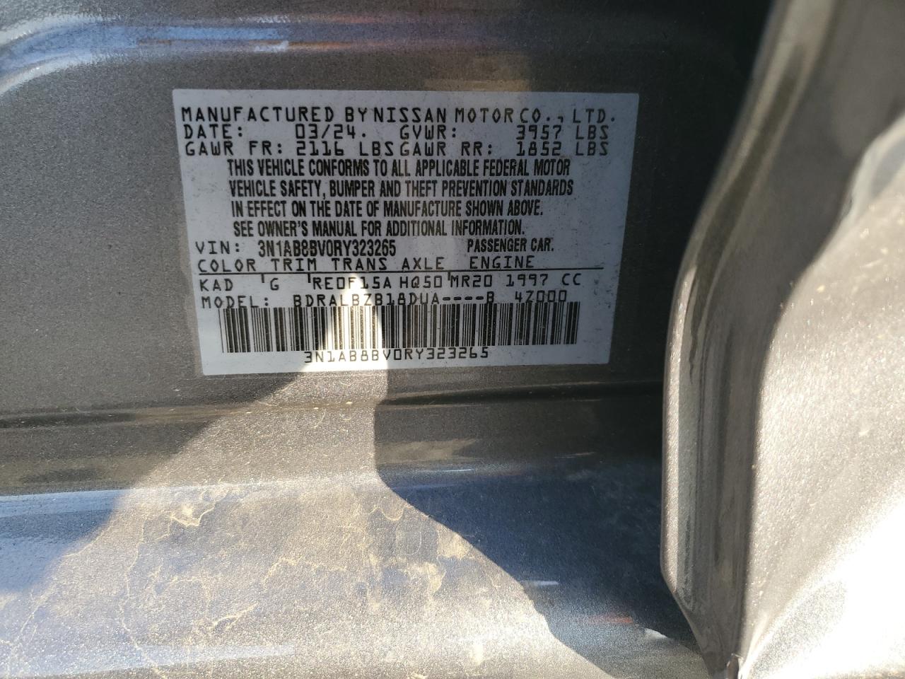2024 NISSAN SENTRA S VIN:3N1AB8BV0RY323265