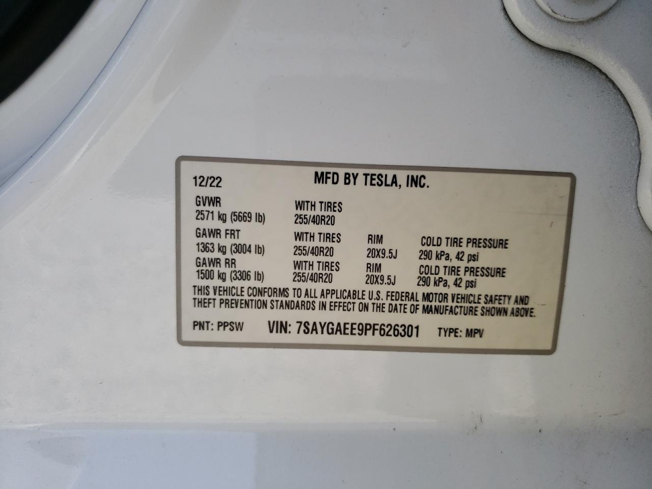 2023 TESLA MODEL Y VIN:7SAYGAEE9PF626301