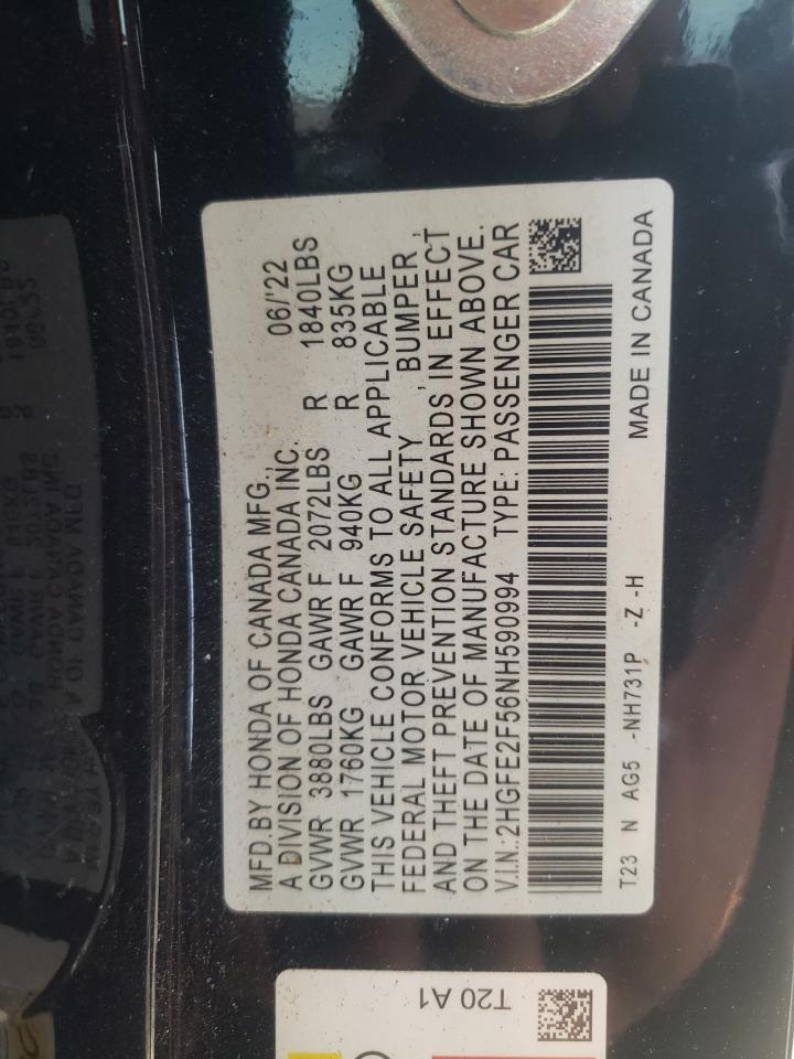2022 HONDA CIVIC SPORT VIN:2HGFE2F56NH590994