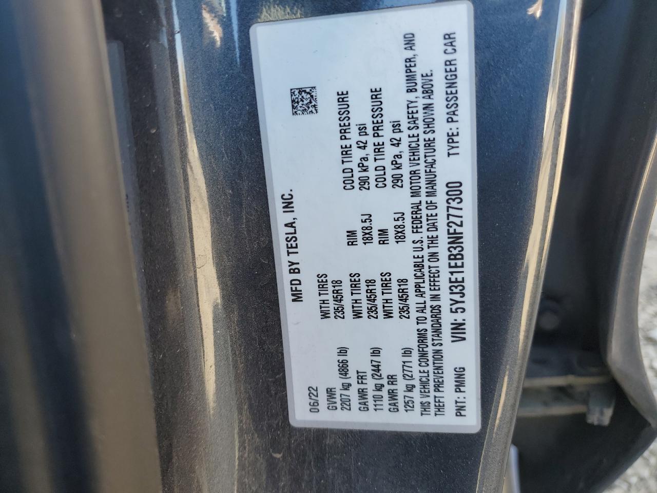 2022 TESLA MODEL 3 VIN:5YJ3E1EB3NF277300