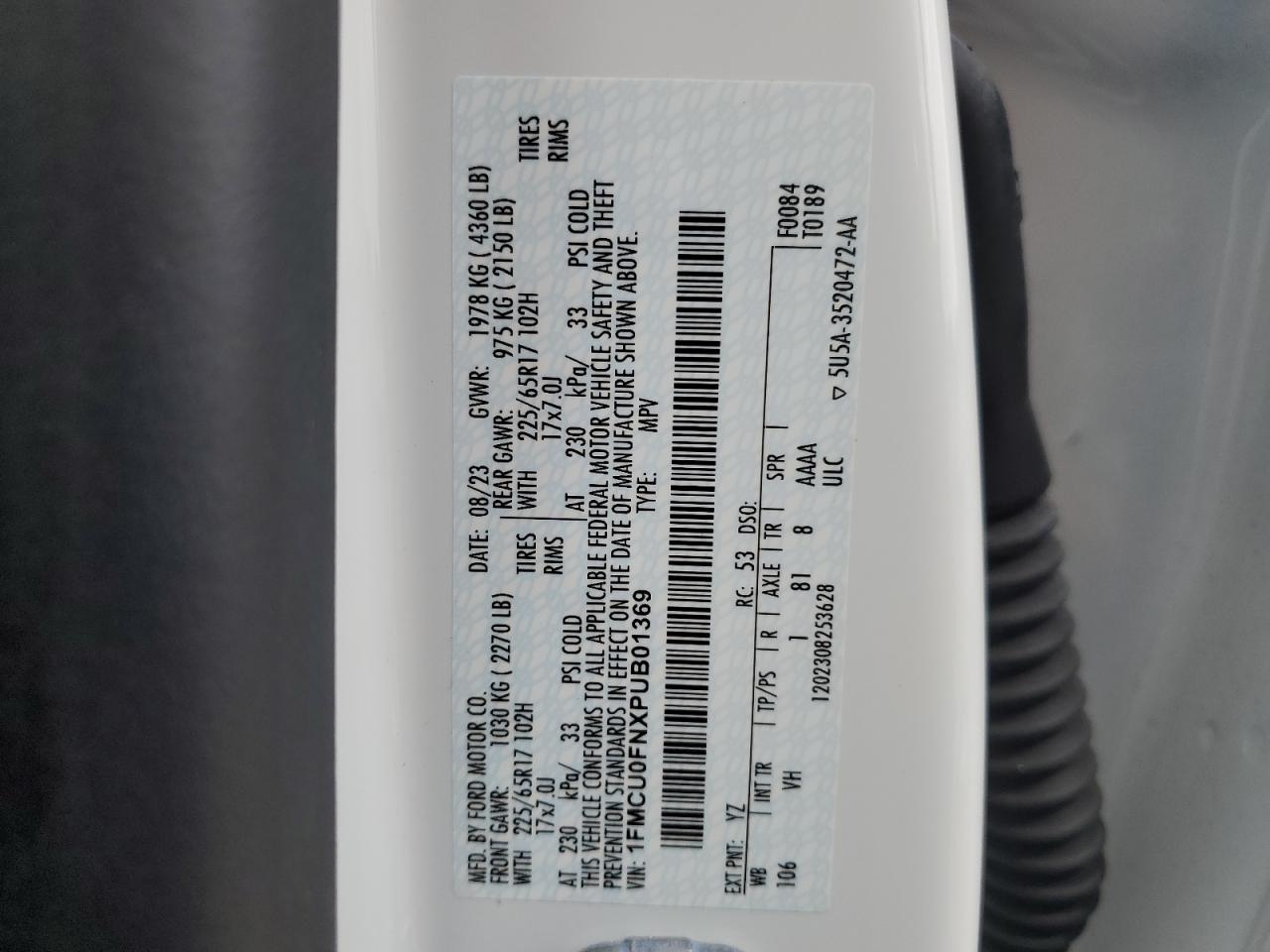 2023 FORD ESCAPE VIN:1FMCU0FNXPUB01369