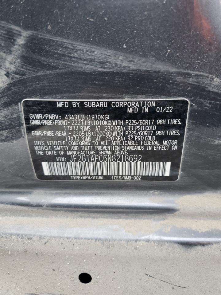 2022 SUBARU CROSSTREK PREMIUM VIN:JF2GTAPC6N8218692