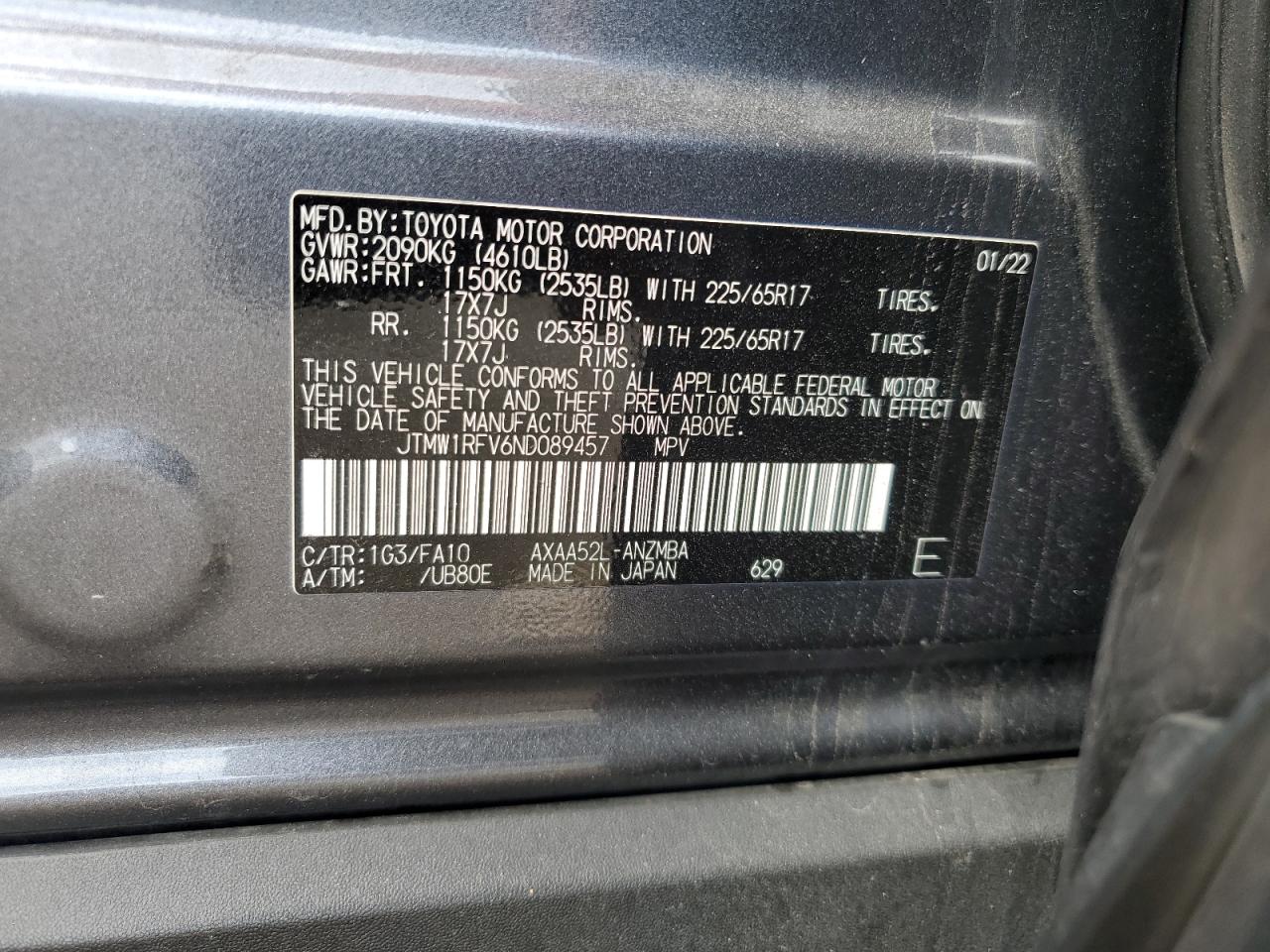 2022 TOYOTA RAV4 XLE VIN:JTMW1RFV6ND089457