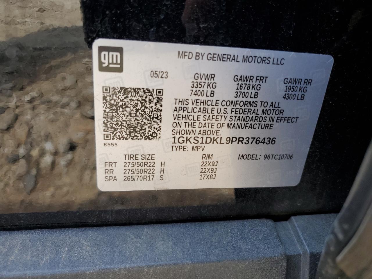 2023 GMC YUKON DENALI VIN:1GKS1DKL9PR376436